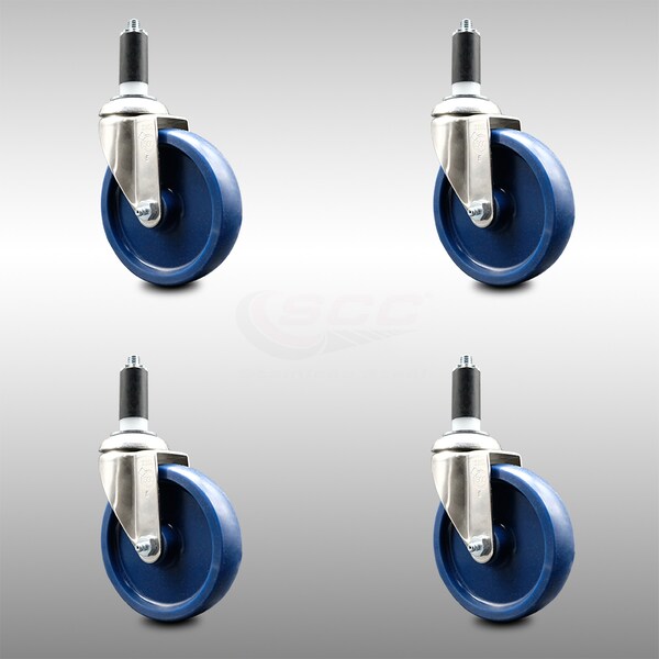 5 Inch 316SS Solid Polyurethane Swivel 1-3/8 Inch Expanding Stem Caster Set SCC